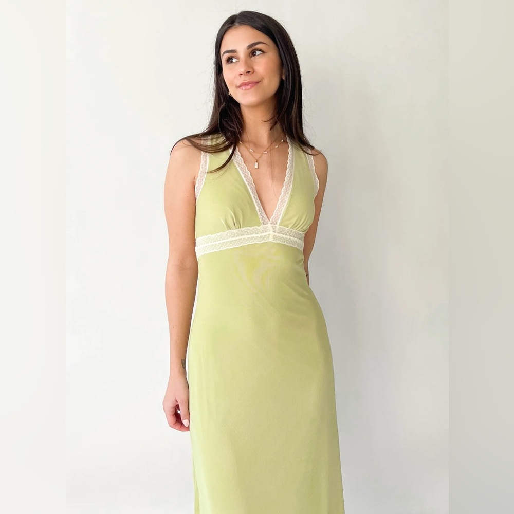 Le Lis Light Green Maxi Dress with Lace Trim